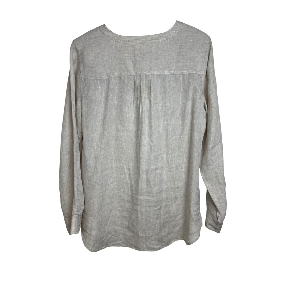 Talbots Linen Henley Blouse Women Size M‎ Beige Roll Tab Sleeve Pintuck F17 - Picture 2 of 13